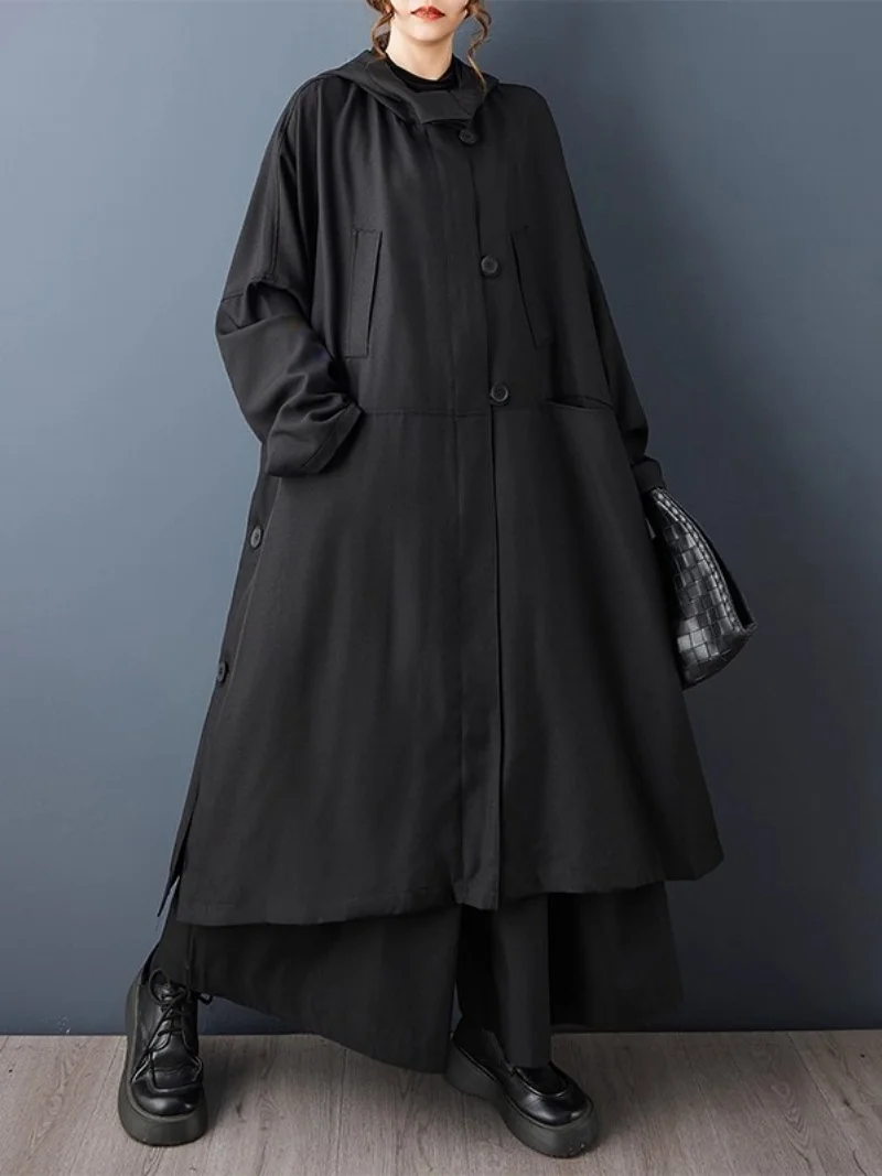 

2025 Autumn New Style Dark Streetwear Hooded Windbreaker Fashionable Loose Oversized Women Long Coat Jacket w1117