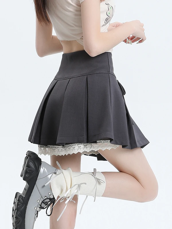 

Юбка-плиссе с кружевной отделкой, женская, весенняя, маленький размер, с завышенной талией, стройнящая, с узлом, А-силуэт, юбка-костюм