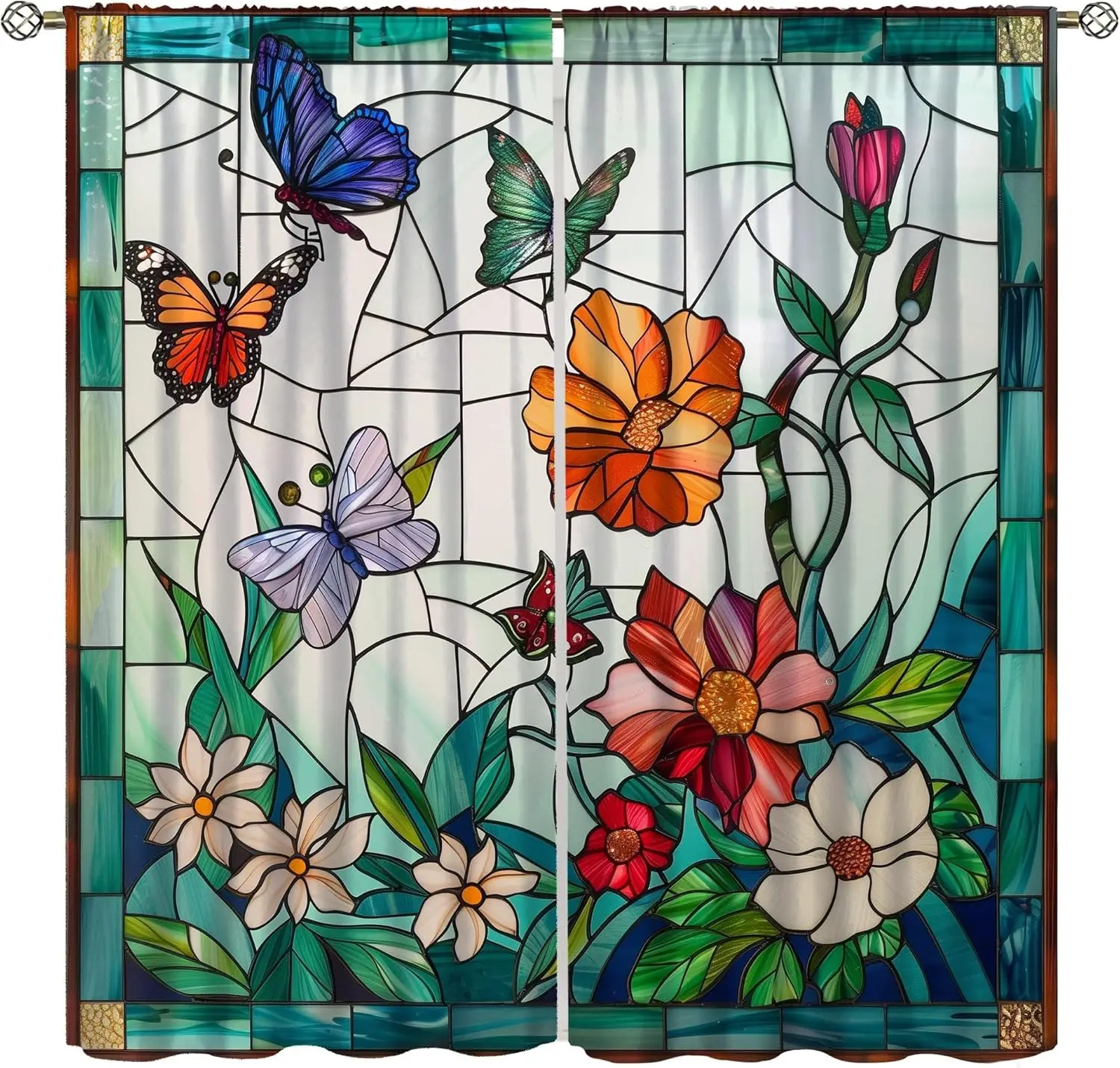 Stained Glass Curtains,Boho Colorful Butterfly Flowers Mid Century Abstract Geometric Window Treatments for Bedroom Living Room