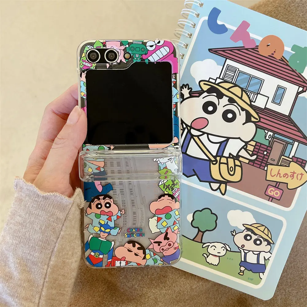 Cute Cartoon Japan Anime Crayon Shin-chan Card Wallet Pocket Phone Case For Samsung Galaxy Z Flip 7 6 5 4 3 Hard TPU Cover