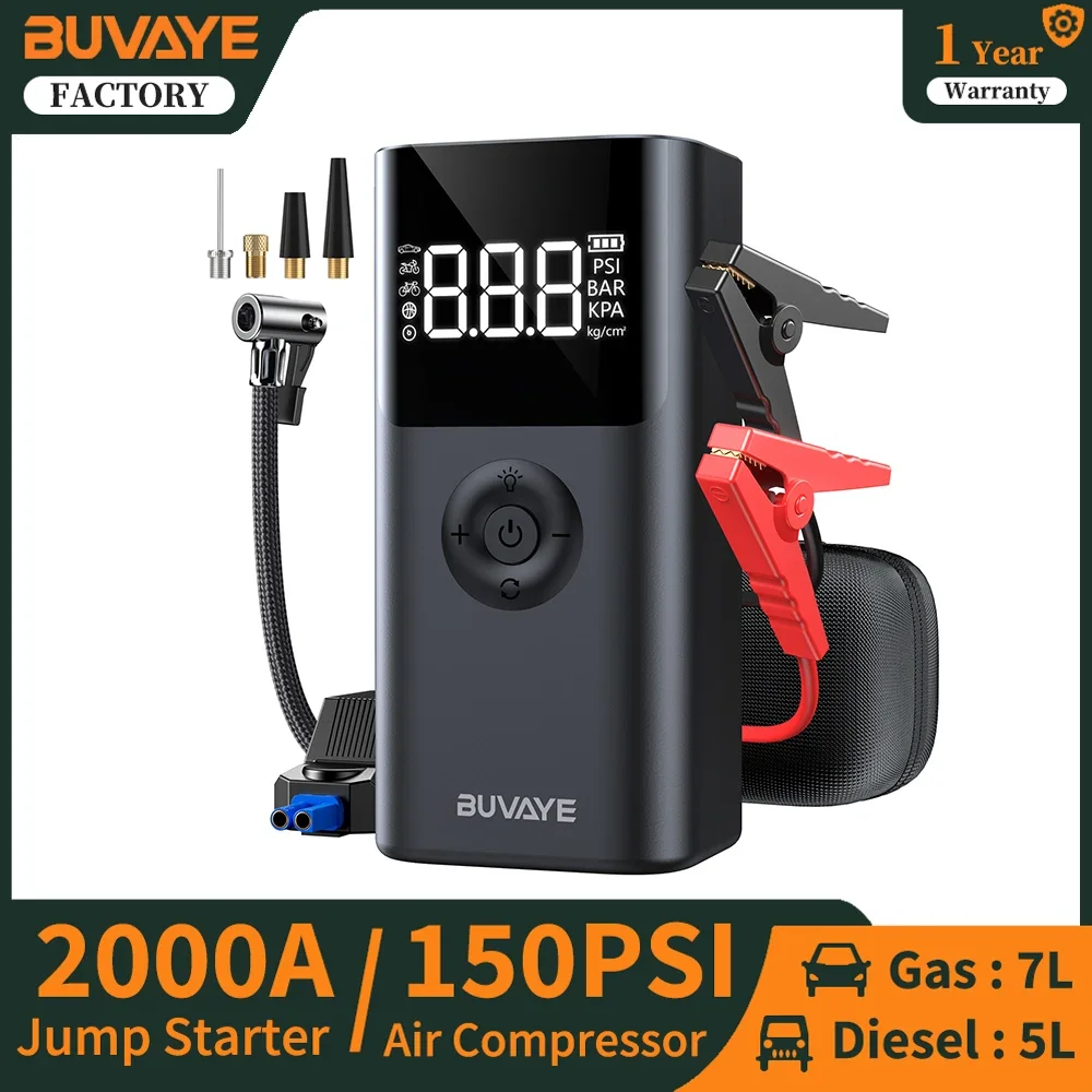 BUVAYE Jump Starter Power Bank with Air Compressor 2500A Battery Booster For 12V Vehicle 150PSI Air Pump 10000mAh Electric Pump