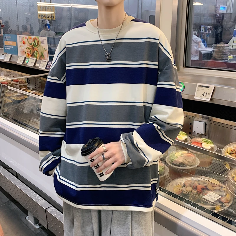 Men Long Sleeve T-shirts Horizontal Striped Clothing Retro Teens Dynamic Students Japanese  High Street Ulzzang Cozy Casual