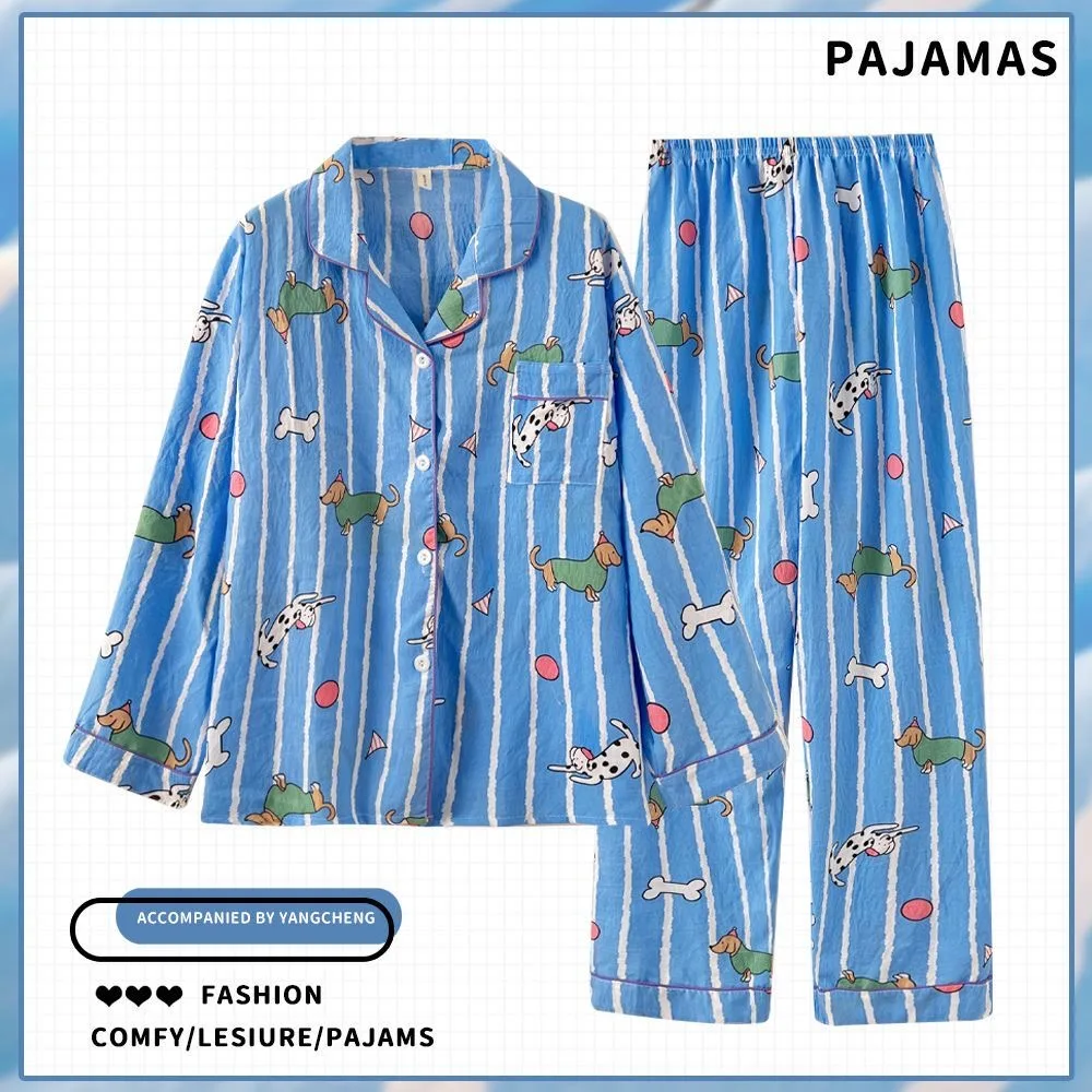 

Kawaii Stripe Dog Printed PJ Set Women Autumn Loungewear Long Sleeves Button Cotton Sleepwear Pajama Sets Y2K Nightwear Homewear