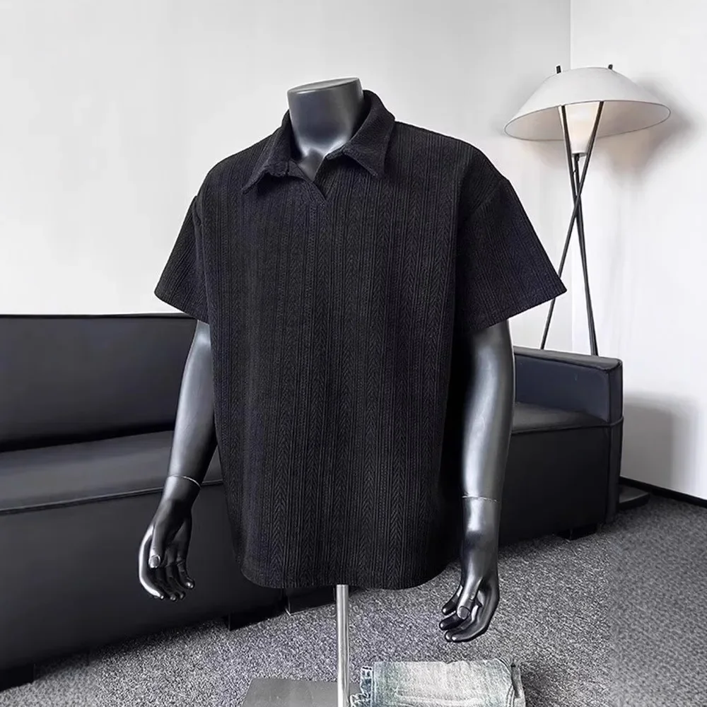 Wheat Grain Jacquard Polo Neck Short-sleeve Men's American Vintage Turn-down Collar T-shirt With Half-sleeve Sleeves