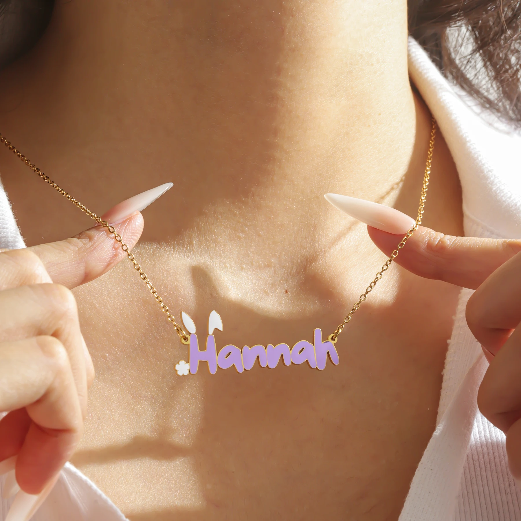 Personalized Bunny Name Necklace for Girls Custom Color Nameplate with Rabbit Ears and Tail 18K Gold Plated Easter Birthday Gift