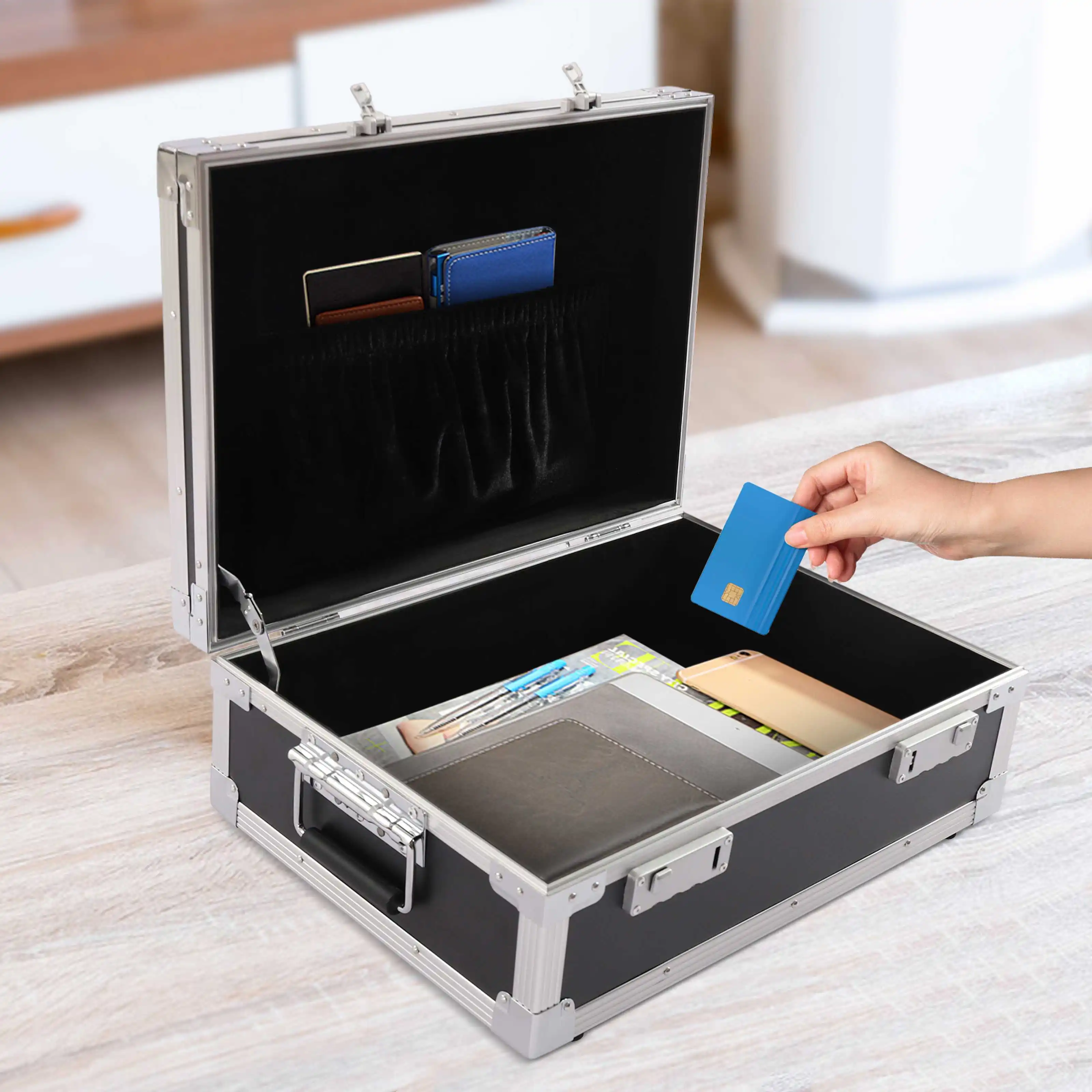 Locking Storage Box Aluminum Trunk with Combination Lock Large Capacity Briefcase Security Box for Cash Personal Items Laptop