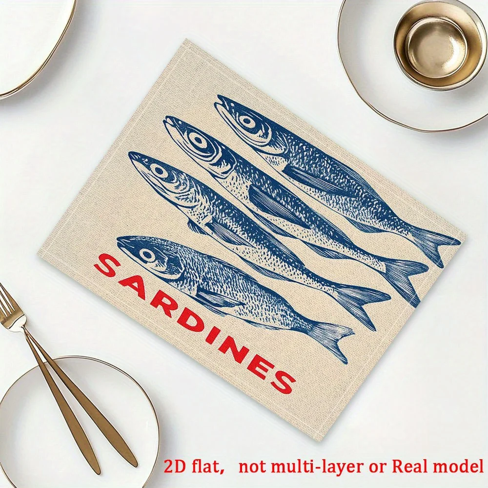 Blue Print Sardines Illustration Placemats Heat Resistant Dining Table Mat Room Decor Table mats