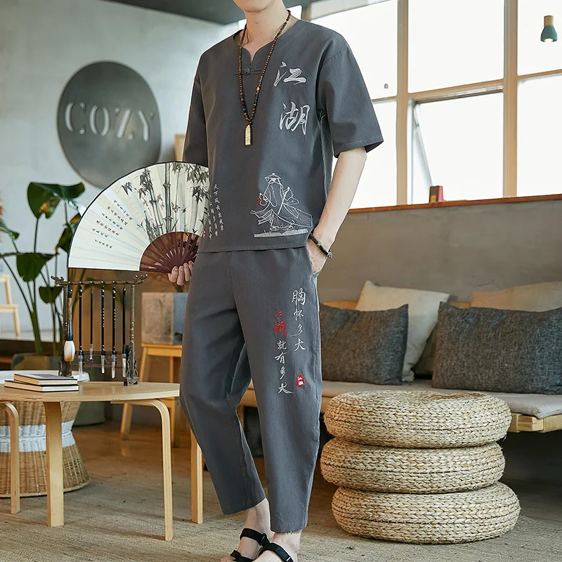 men\'s fashionable pants and shirts Summer 100% cotton and linen sportswear Men\'s suit (Shirt+pants )Men\'s casual set Spring Men