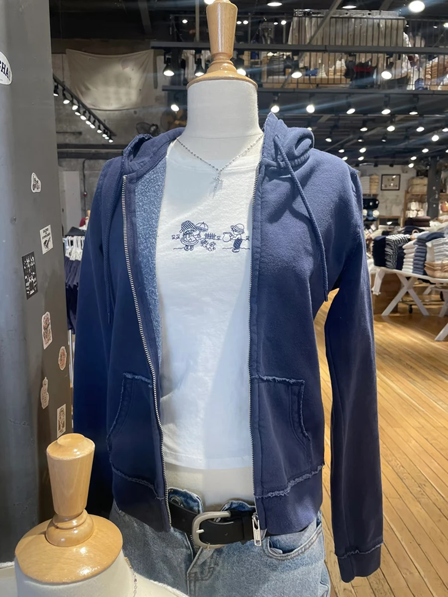 

Frayed Edges Navy Zip-up Hoodies Sweatshirt Women Autumn Long Sleeve Pocket Sweatshirt Streetwear Vintage Short Sport Jacket New