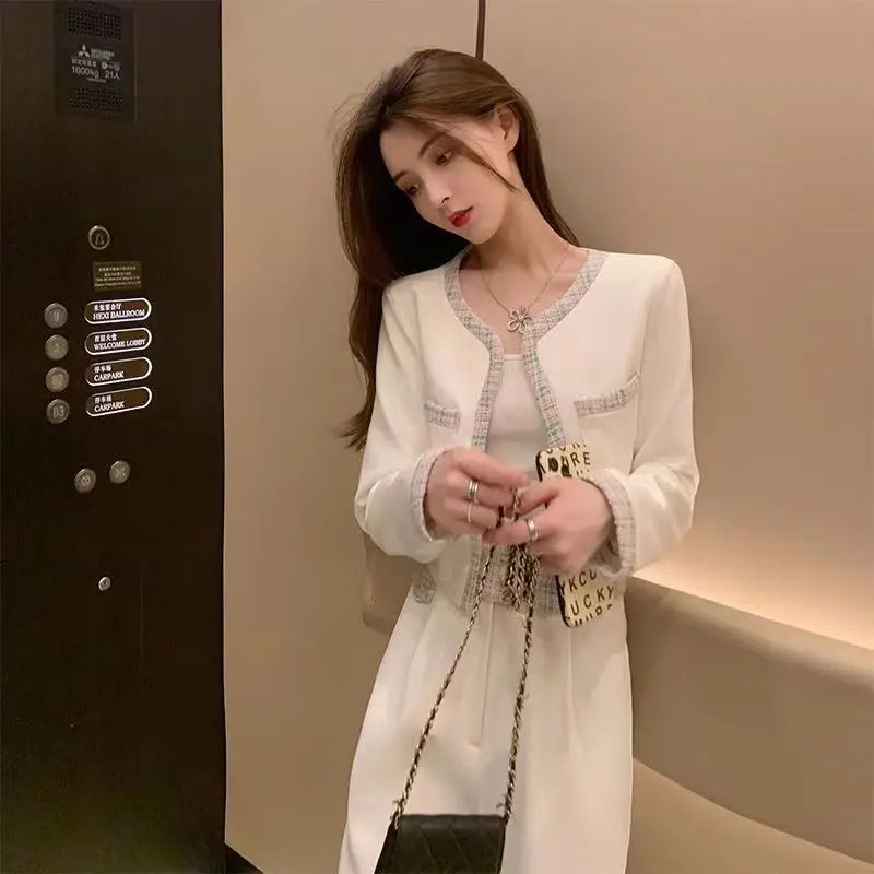 Spring Woman's Fragrance Bright Silk Stitching Texture Blazer Wide-leg Pants Set Retro Contrast Round Neck Suit Two-piece Sets