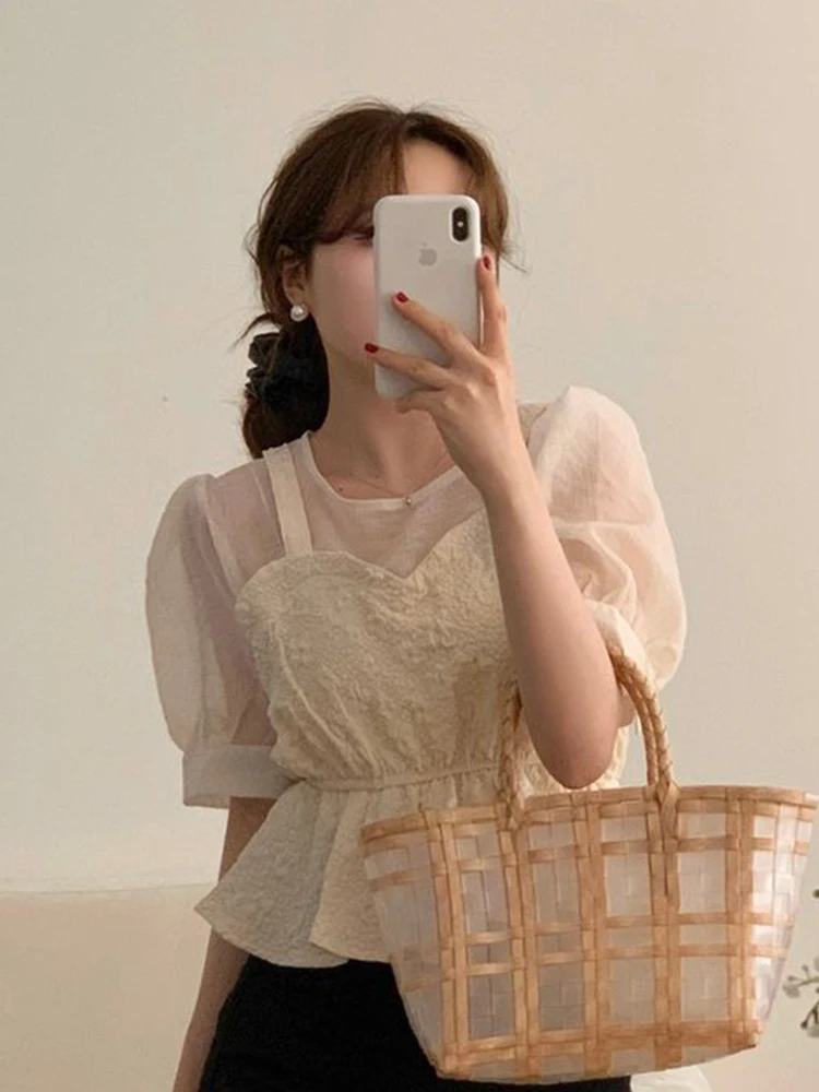 

Gagarich 2025 Splicing Fake Two-piece Camisole Shirt Women Summer New Style Niche Design Texture Bubble Sleeve Top Girl