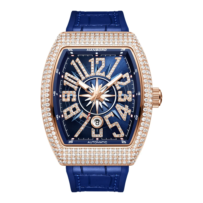 HANBORO-Reloj de pulsera automático para hombre, cronógrafo mecánico Tonneau de lujo, luminoso, resistente al agua, esfera solar, decoración de cristal de 445 piezas