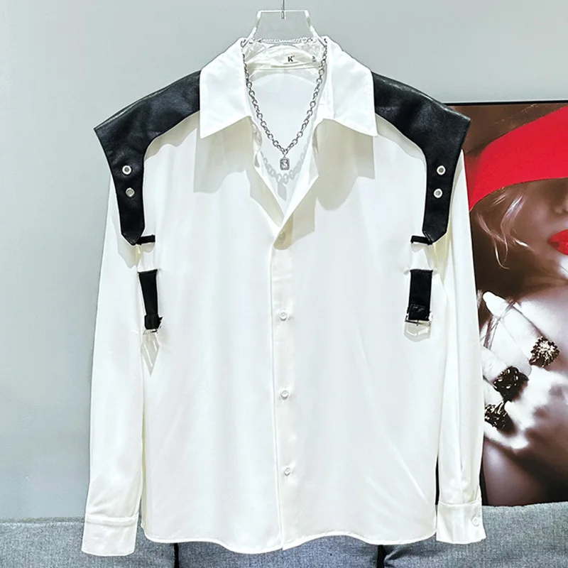 PFHQ 2024 New Summer Niche Loose Versatile Shoulder Shirt Korean PU Leather Splicing Contrasting Male Tops Fashion 21Z5665