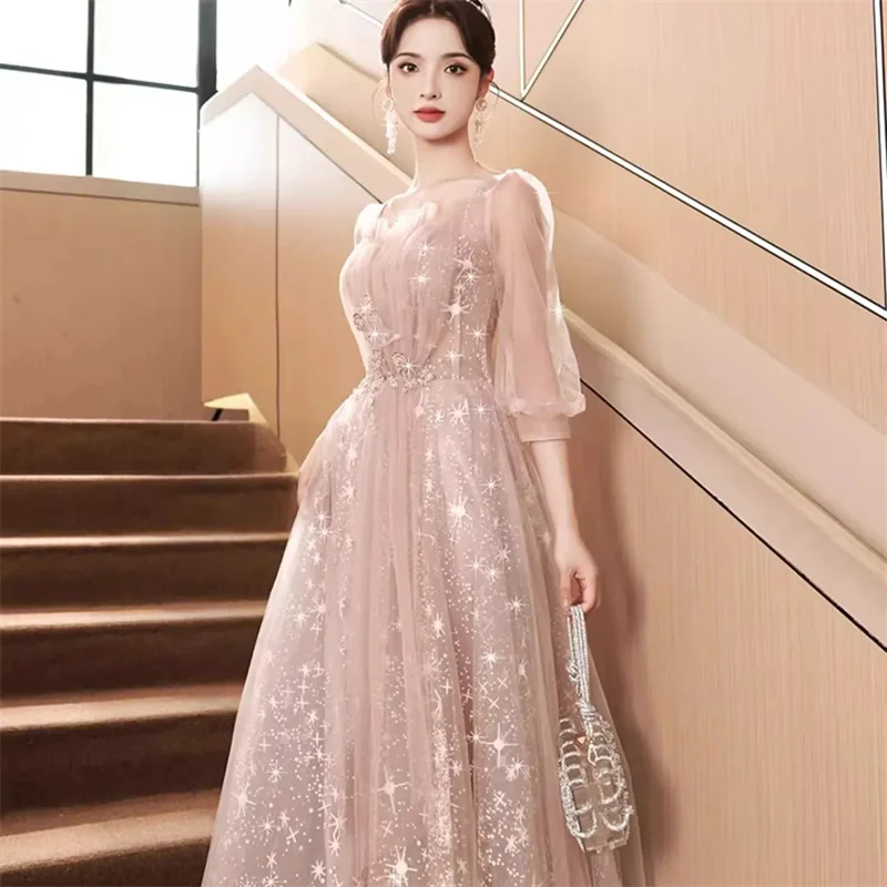 Pink Evening Dress Women's 2025 New Style, Light Luxury, Niche High-end,  Art Exam, Birthday Host Dress, Performance A-line Skirt