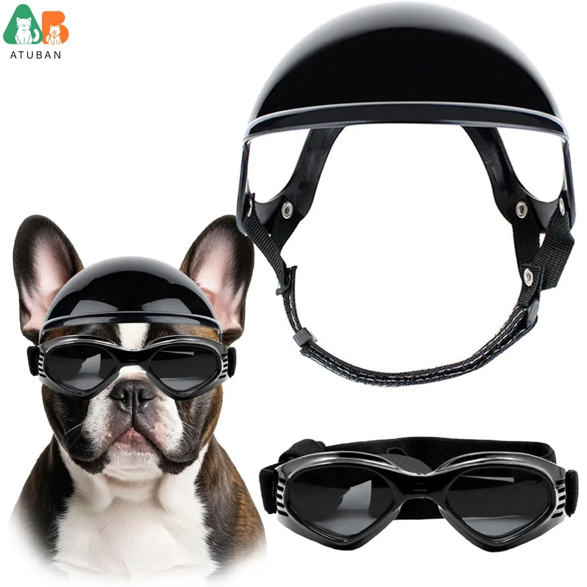 ATUBAN Cool Pet Casque de moto – Lunettes légères et conception de trous d'oreille, protection élégante pour les petits chiens, équitation et conduite