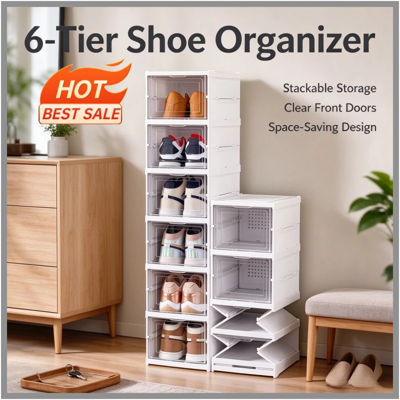 2026 New 3/6 Layers Foldable Shoe Storage Box, Transparent Stackable Sneaker Container, Dustproof Shoe Holder Organizer for Clos