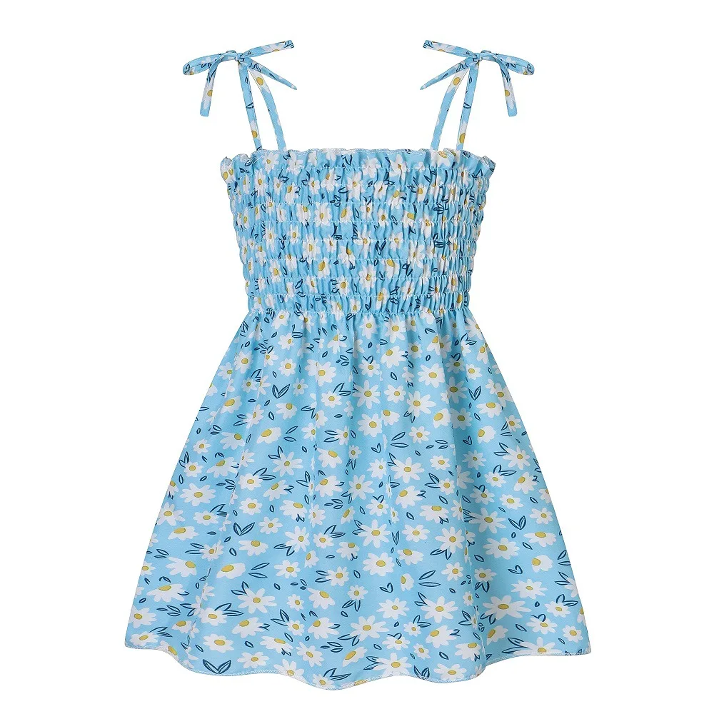 2024 Summer Baby Girls Sleeveless Dresses For 1-7Years Kids Beach Broken Flowers Suspenders Skirt Children Print Dress