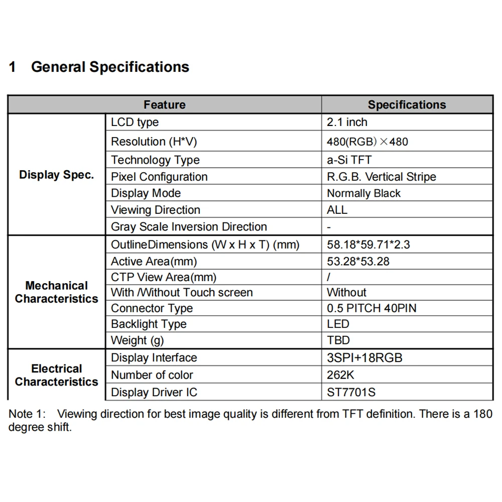 2.1 Inch TFT LCD Screen Module for Smart Home Round Screen Display 480*480 3SPI 18RGB ST7701S IC SPI Interface 40Pin 0.5 Pitch