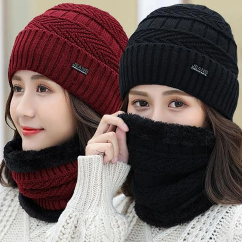 

Winter Women Knitting Cap Men And Women Outdoor Warm Thickening Velvet Loose Winter Hat With Scarf Brand Winter Ski Mask Hat