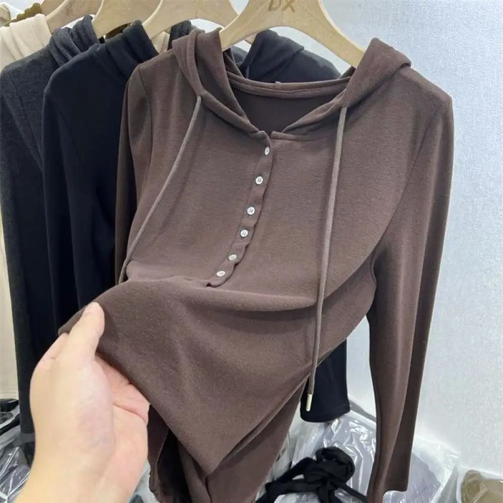Women Winter Thermal Hoodie Long Sleeve T Shirt Velvet Slim Base Layer Pullover Soft Comfortable Casual Apparel