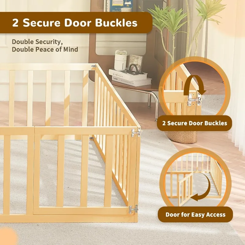 Twin Size Floor Bed Frame with Safety Fence and Door, Wood Montessori Floor Bed Frame for Kids Boys Girls, Toddler Bed Frame