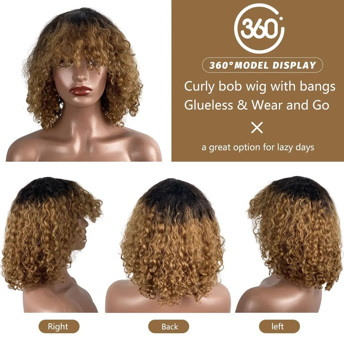 14インチ ブラウン ショートボブウィッグ 人毛 2x1 ディープウェーブ 前髪付き ノンレースフロントウィッグ 2x1 レミーブラウンカラー カール人毛ウィッグ