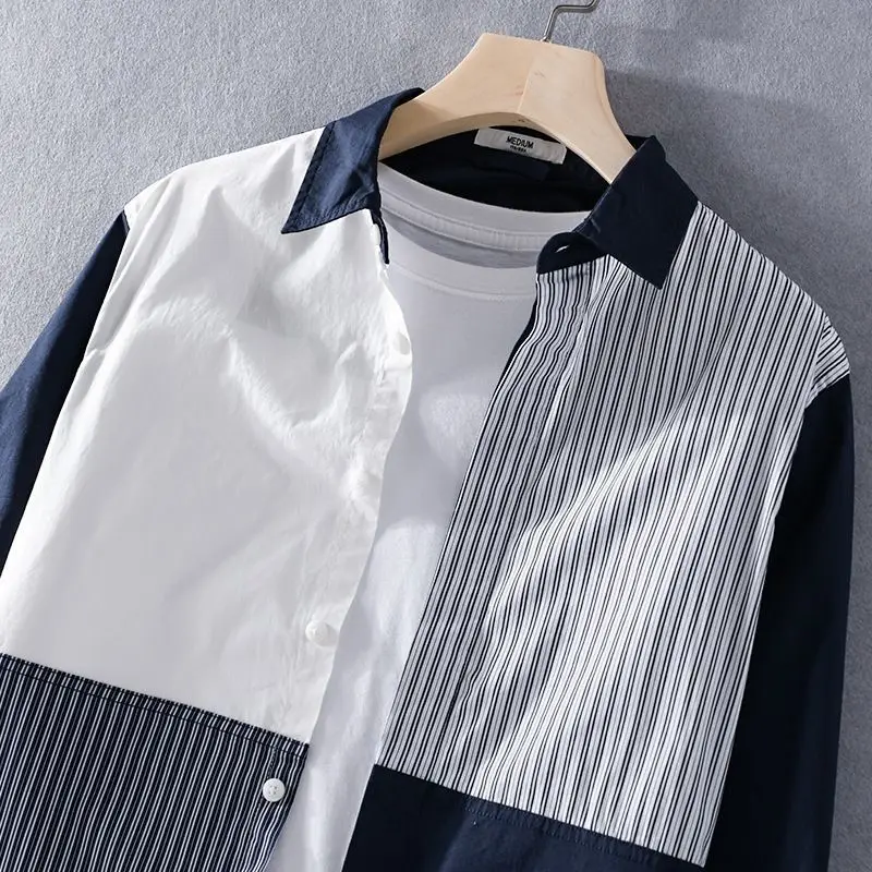 Spring Autumn New Fashion POLO Collar Long Sleeve Patchwork Men\'s Clothing Blouse Color Blocking Striped Korean Single Shirts