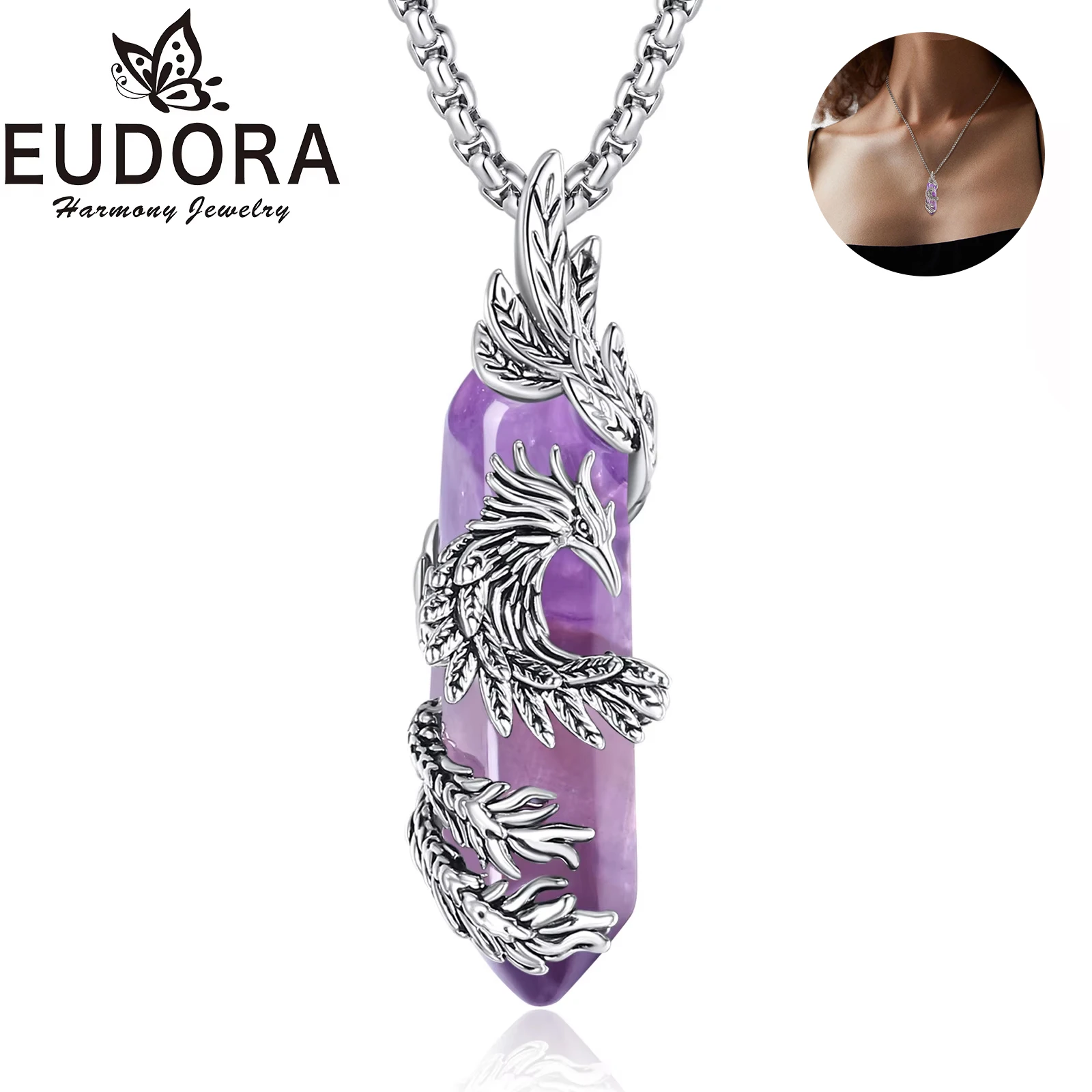 Eudora Phoenix Twining Hexagonal Amethyst Prismatic Necklace Natural Healing Stone Crystal Pendant Spiritual Jewelry Women Gift