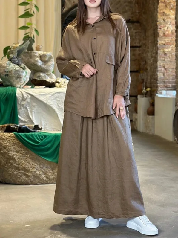 

New Women's Shirt Skirt Autumn Winter Fashion Cotton Linen Collar Single Breasted Long Sleeved Shirt Long Skirt Two-piece Set