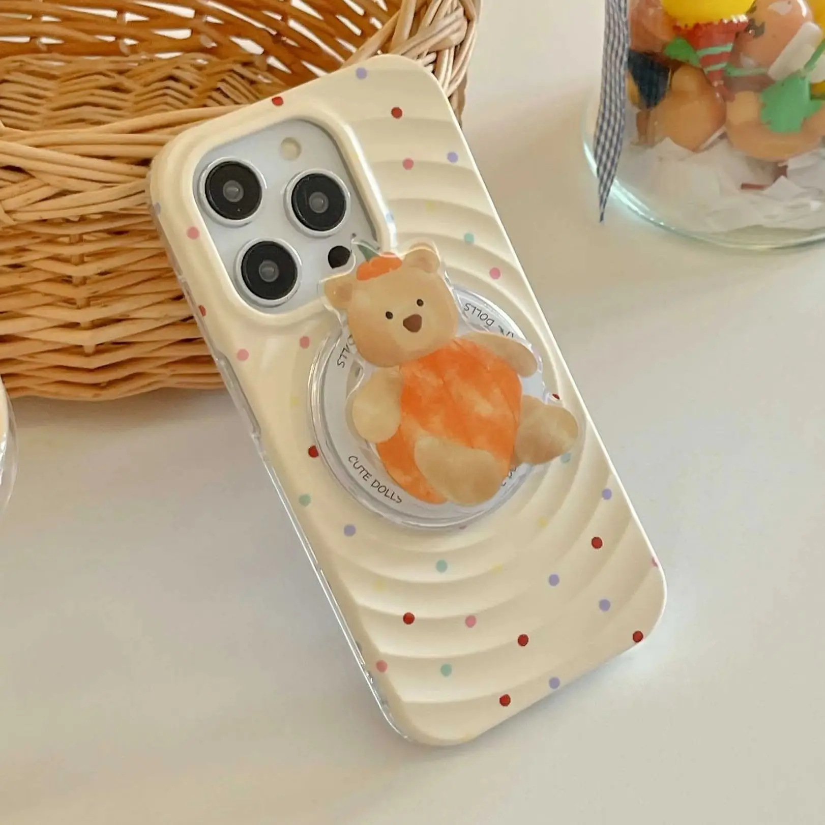 

Colorful poins ins circle magnetic phone case for iphone 15pro 14 13pro 14pro 15 13 pro max cute pumpkin bear stand holder cover