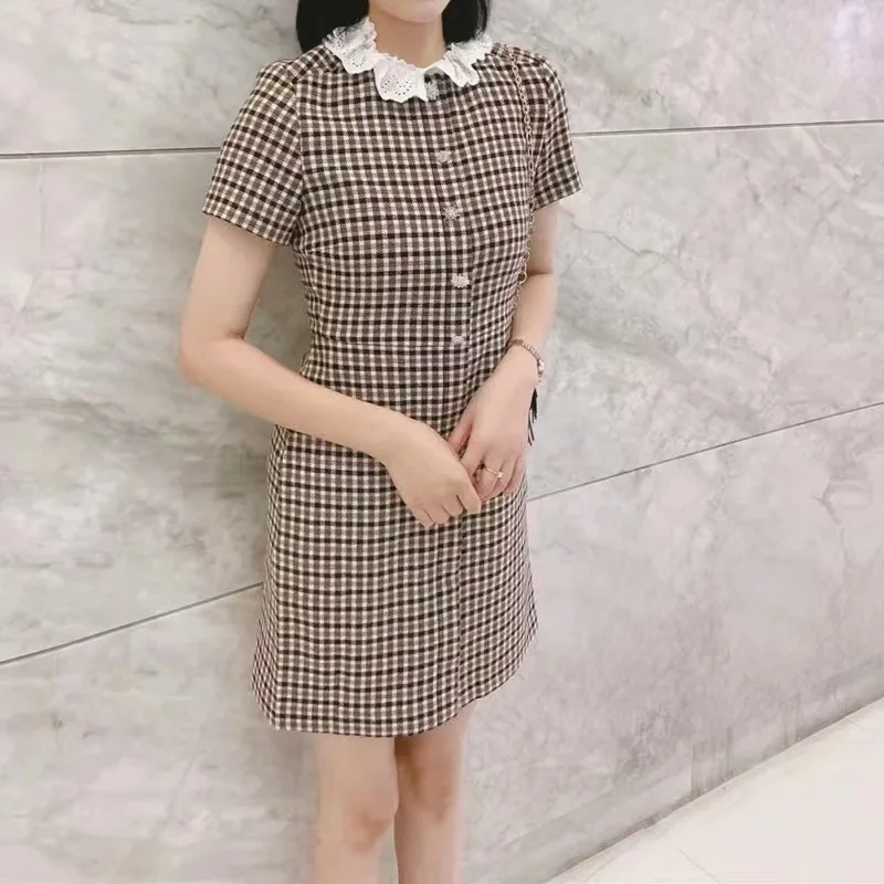 

Women Houndstooth Dress Rhinestone Buttons Ruffled Collar Short Sleeve High Waist Vintage Mini Robe