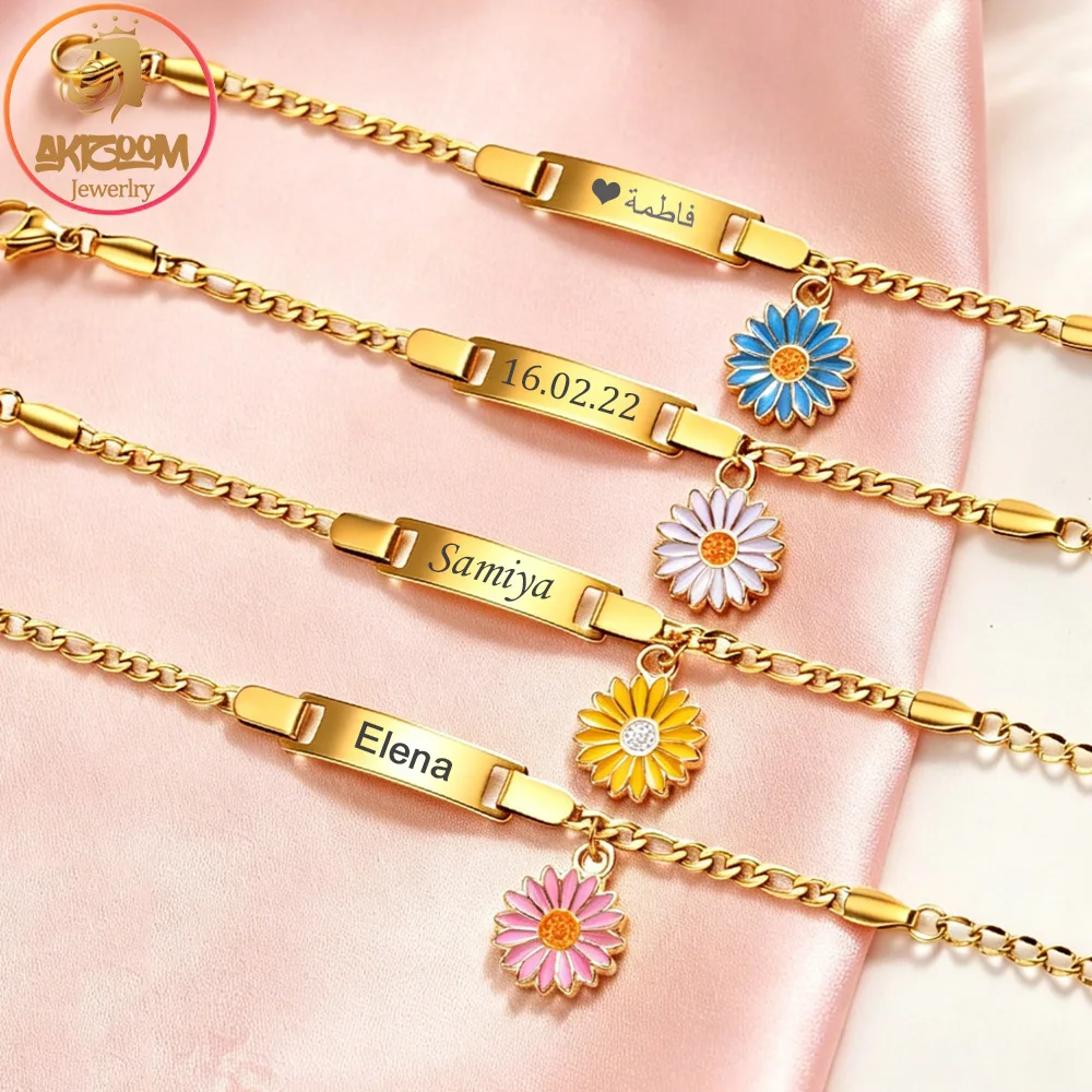 Akizoom Personalized Engraves Baby Name Bar Bracelets Colorful Daisy Flower Stainless Steel Newborn Kids Bracelets Birthday Gift