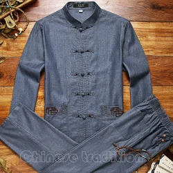 Embroider Chinese Style Suit Men Tang Clothes Cotton Line Hanfu Suit Vintage Taichi Costume Male Mandarin Collar Garment Coats