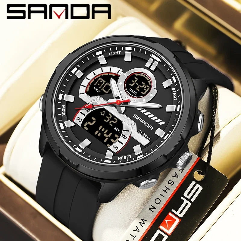 

SANDA Fashion G Style Dual Display Men Electronic Watch 5ATM Waterproof LED Night light Watch Multifunctional Sport Quartz Watch