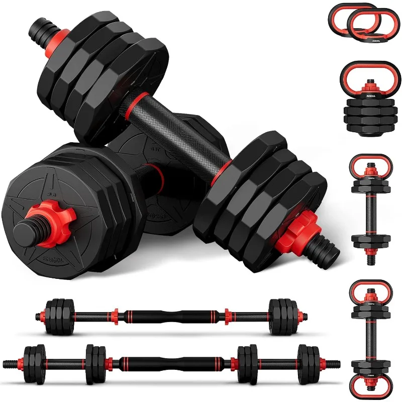 

4 in 1 Adjustable Dumbbell Set,90LB Free Weights Dumbbells Set with Connecting Rod Used as Barbell, Non-slip Handles & Base