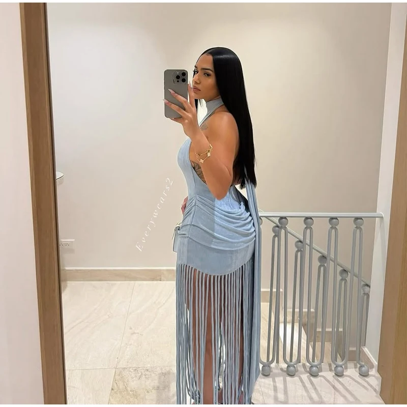 Women Sexy Tassel Patchwork Maxi Dress Elegant V-neck Wide Strap Sleeveless Waist-cinching Slim Fit Dresses Chic New Party Gowns