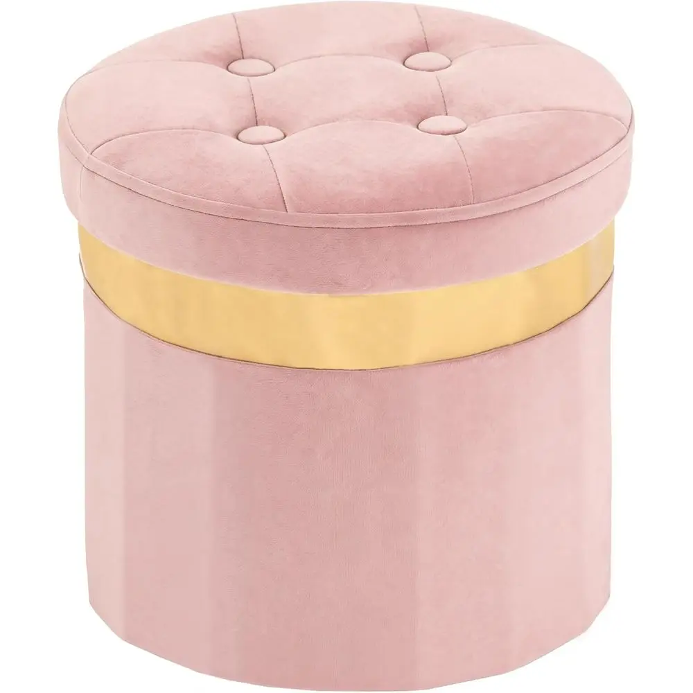 Compact Storage Ottoman with Gold Trim, Velvet-Covered, Perfect for Living Room, 13x13x12.4 Pink, 1 Piece