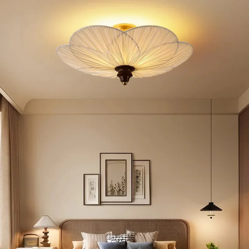 French Medieval Ceiling Lamp Cloth Lampshade Bedroom Plum Blossom Ceiling Lamp Wood American Retro Living Room Cloakroom Lamps