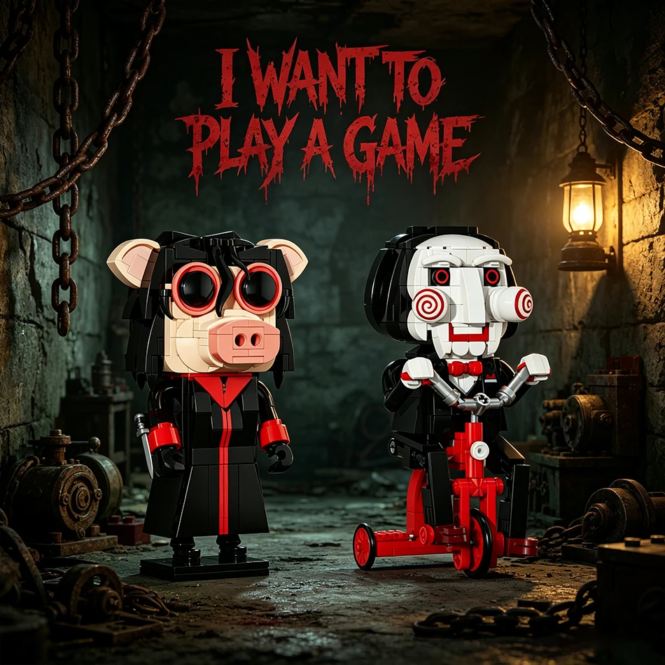 MOC SAW Billy Puppet with Tricycle Pig Mask Jigsaw Killer Building Blocks Scary Movie Horror Figures Bricks Toys Halloween Gifts