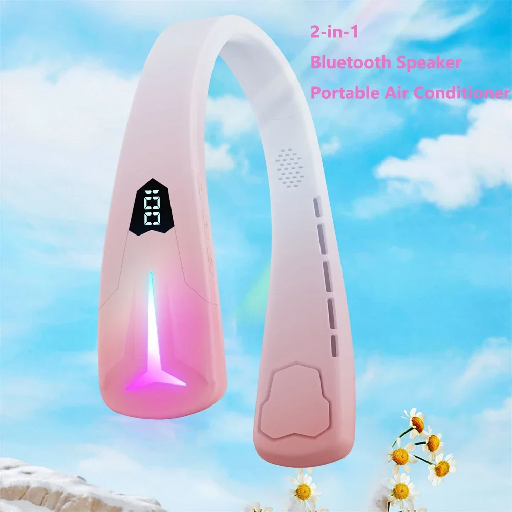 ブルートゥーススピーカー,ポータブルブレードなし,サイレントファン,USBデジタルディスプレイ,電気音楽スピーカー,旅行,屋外,2in 1