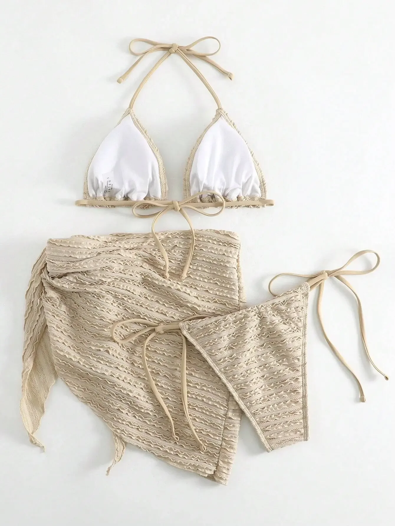 Seksowna spódnica z siatki 3-częściowy kostium kąpielowy dla kobiet Solid Beige Hole Out Push Up Triangle Bikini 2025 Strój kąpielowy na plażę Strój kąpielowy na plażę