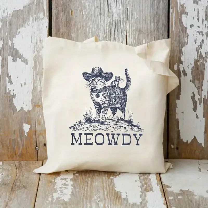 Cat Print Tote Bag - Durable Polyester Fiber with Cow and Kitten Pattern, Machine Washable, Light Beige Beach Bag, Suitable for Daily Travel, Shopping, and Picnics, Fun Design, Unlined, Simple Style, Women's Shoulder Bag, Women's Bag