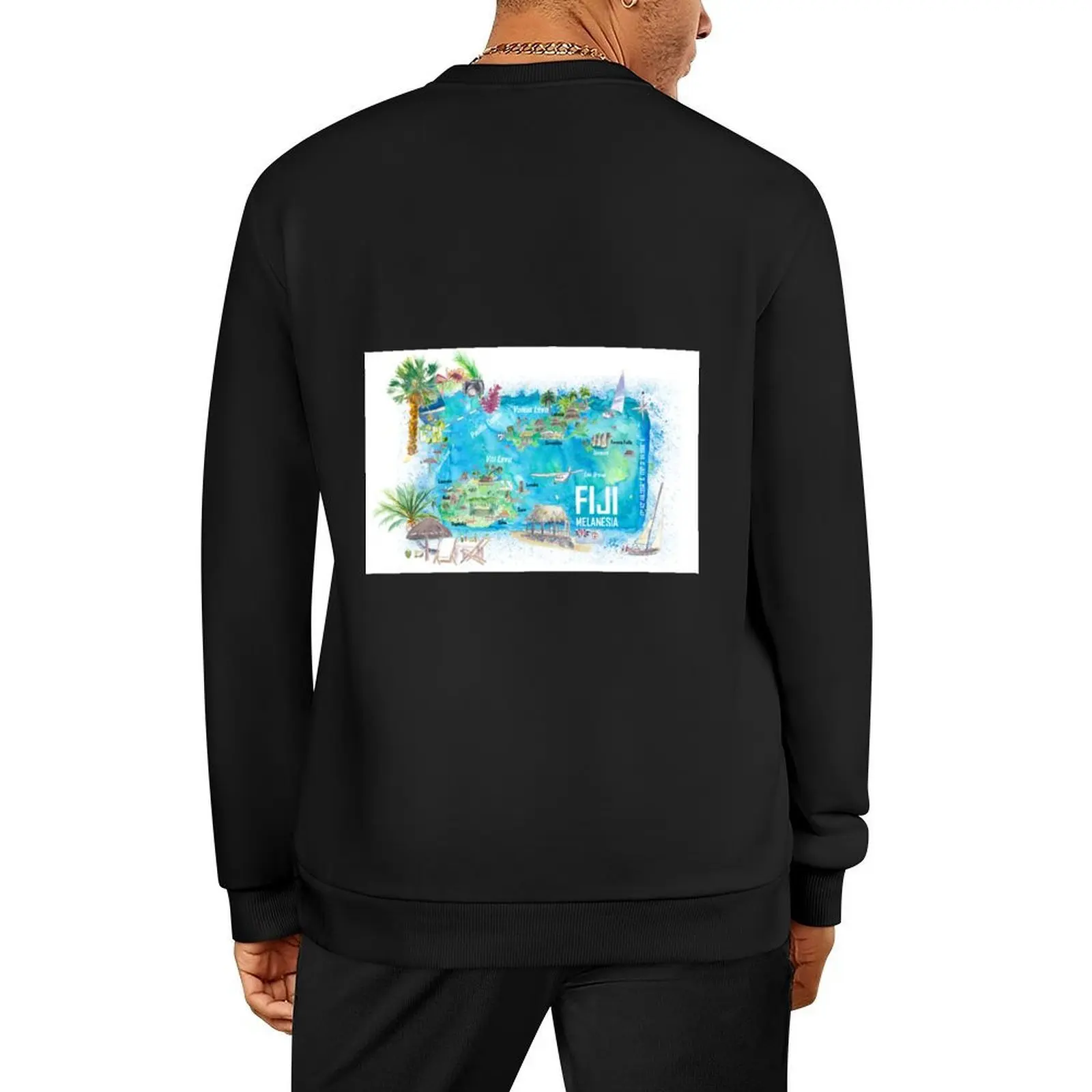 

Fiji Illustrated Polynesia Island Travel Map with Roads and Highlights Pullover tracksuit men mens clothing sweatshirts for men