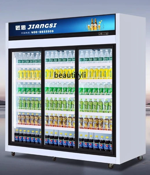 

Left and Right Sliding Door Refrigerated Display Cabinet Commercial Beverage Cooler Air-Cooled Freezer Large Capacity