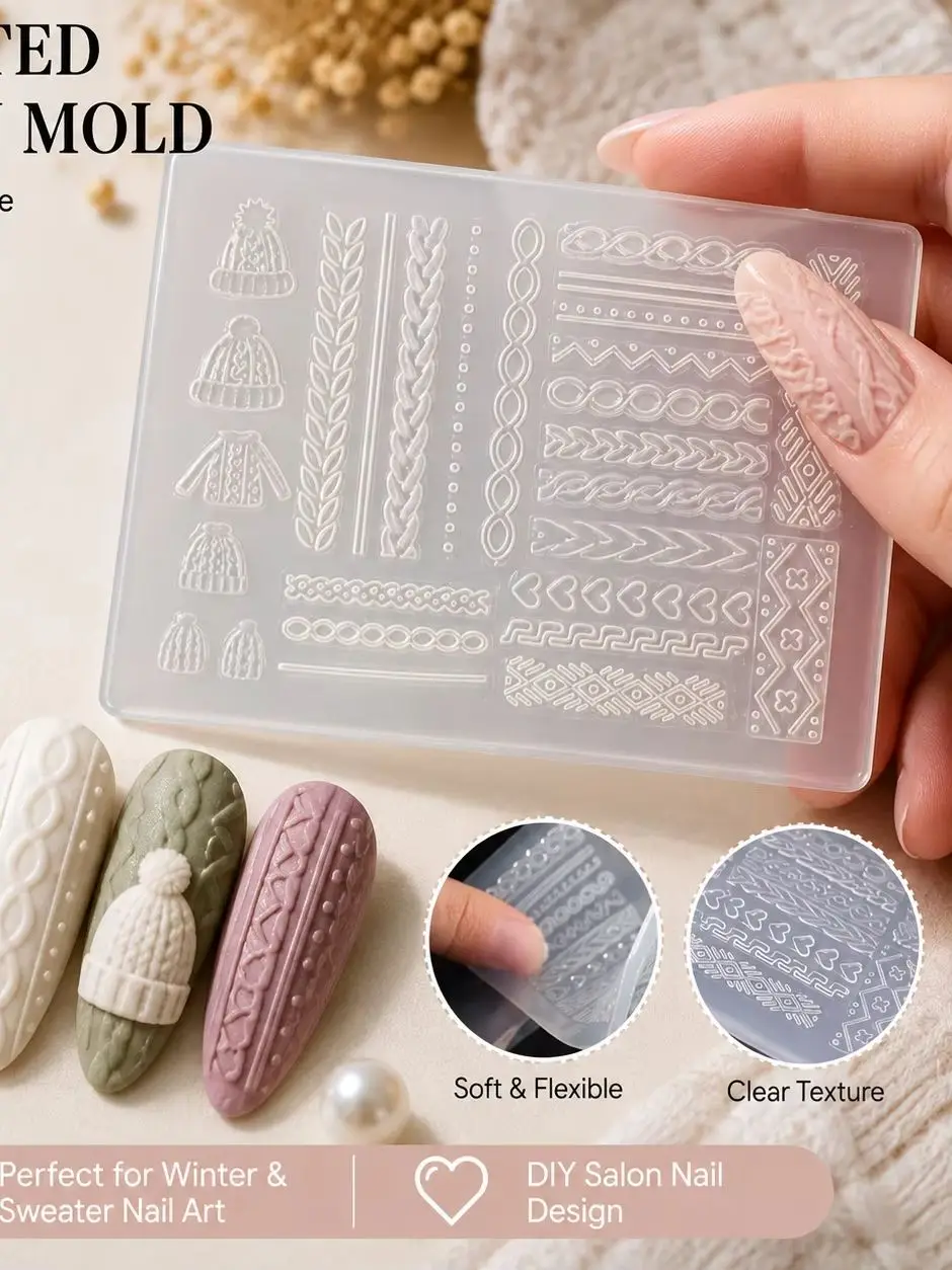 3D Gestrickter Pullover Nagelkunst Silikonform Winter-Textur Prägeschablone DIY Acryl UV-Gel Nageldesign Maniküre-Werkzeug – Detail 4