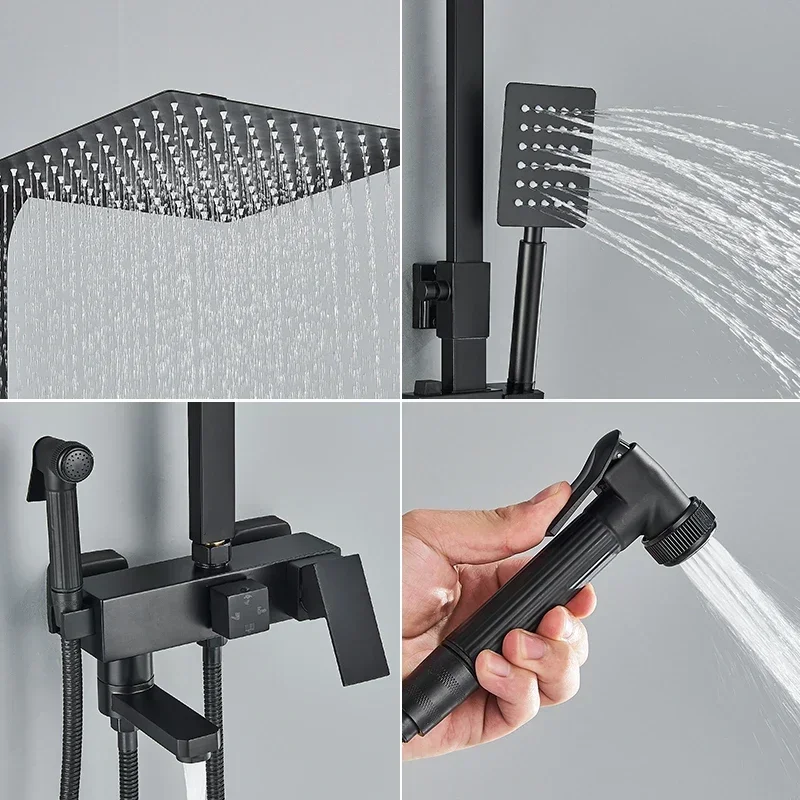 Brass Shower Faucets Bathroom  Mixer Crane Bidet Faucet Rainfall  Set  Spray With Shelf,Black/Chrome