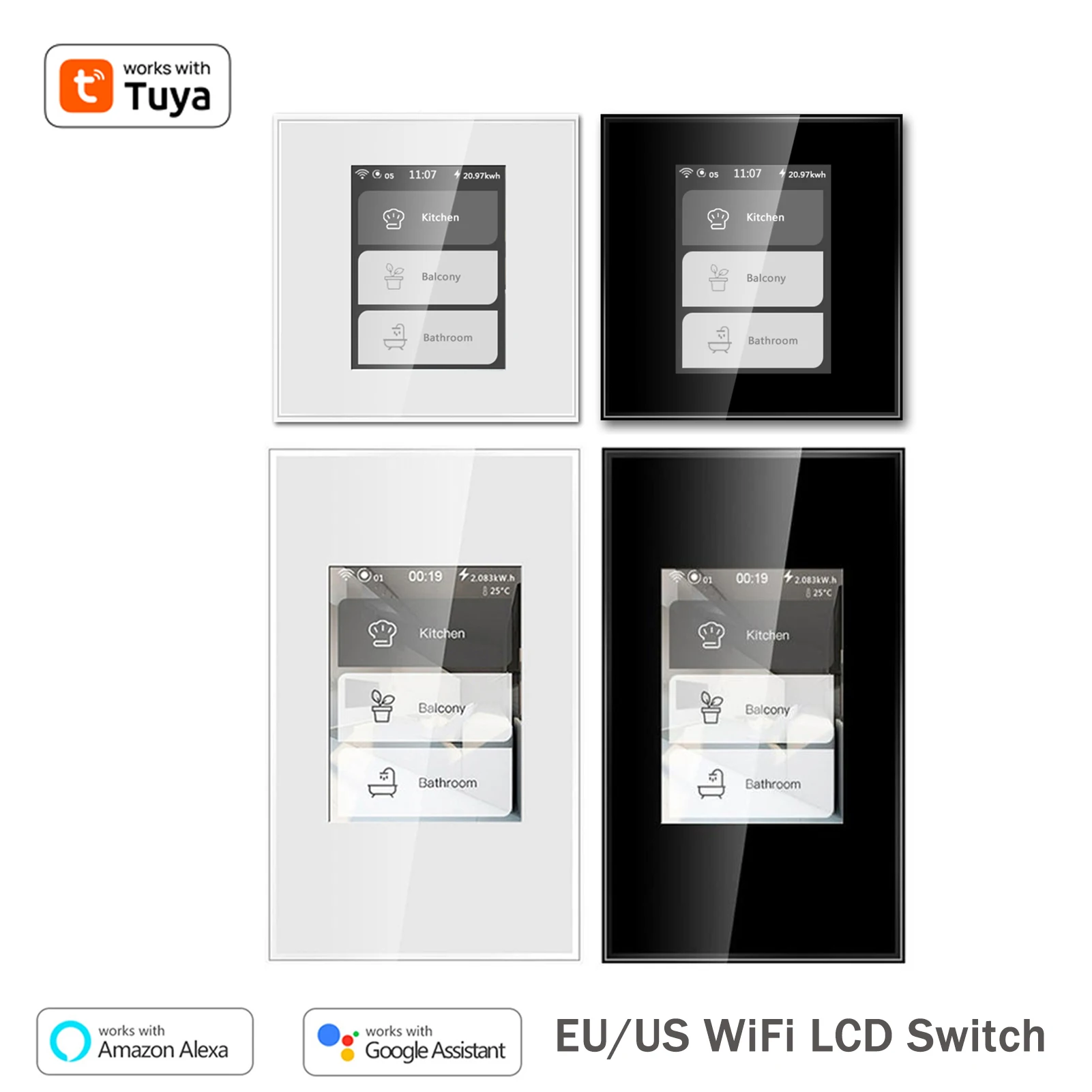 WiFi LCD Smart Light Switch Curtain Switch US EU Work with Tuya APP Alexa Google Home 1/2/3 Gang Selectable Smart Touch Switch