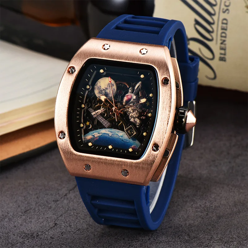 New Fashion Trend Wine Barrel Quartz Watch Night Glow Hollow Non Mechanical Flywheel Fashion Men\'s Watch