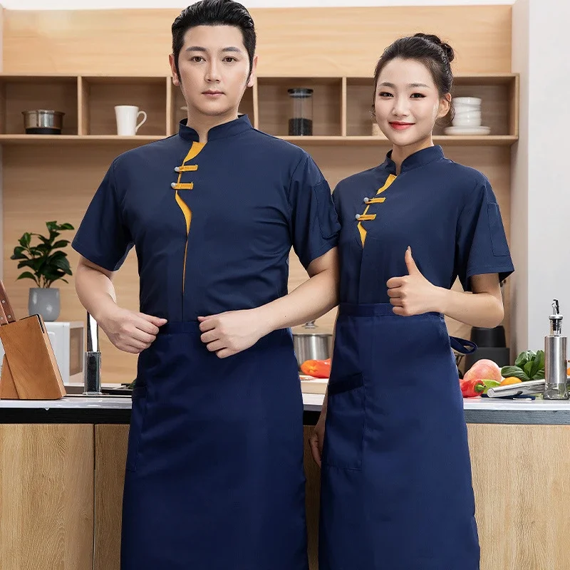 Short Sleeved Food Service Chef Coats Men Restaurant Kitchen Work Dressing Uniforms Cooking Clothes Stand Collar Sushi Work Tops