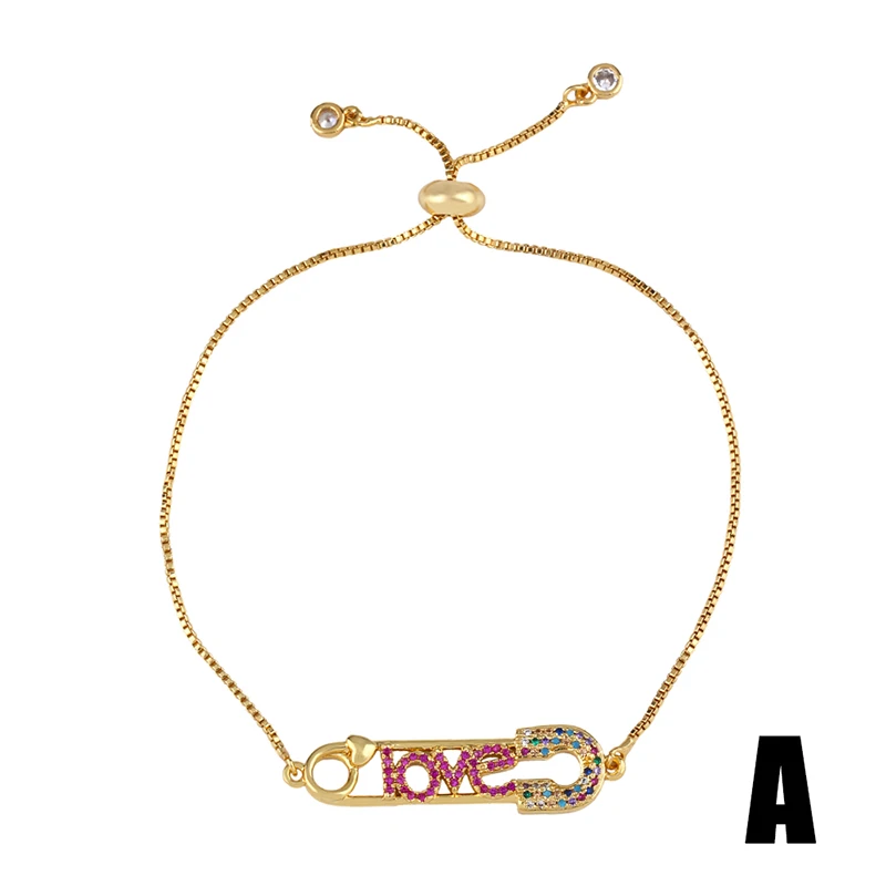 FLOLA Rainbow Heart Tennis Bracelet Woman Zirconia Safety Pin Cherry Charm Bracelet Gold Plated Jewelry regenboog armband brtb67